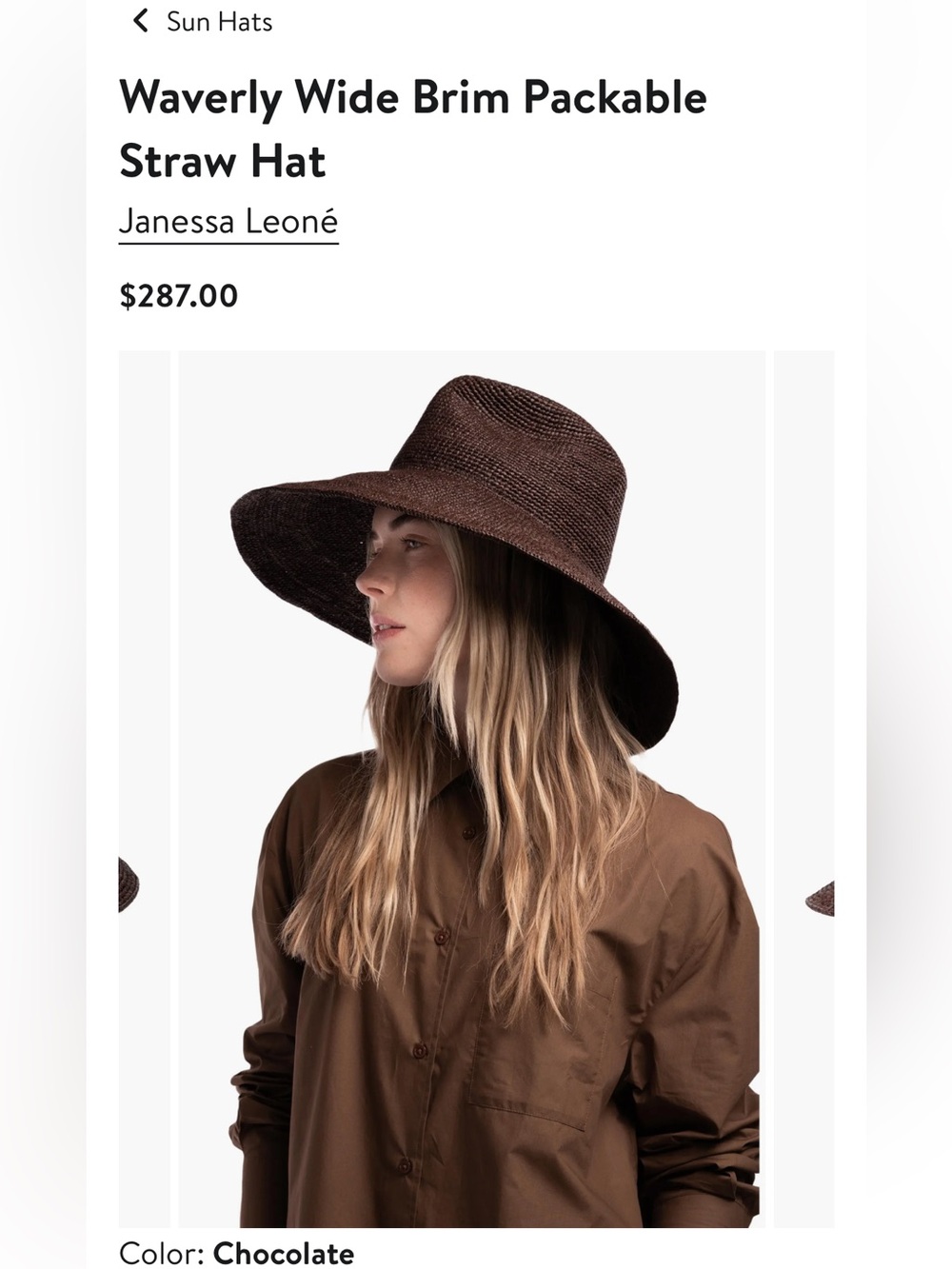 Janessa Leone Chocolate Waverly Wide Brim Packable Straw Hat size small / new